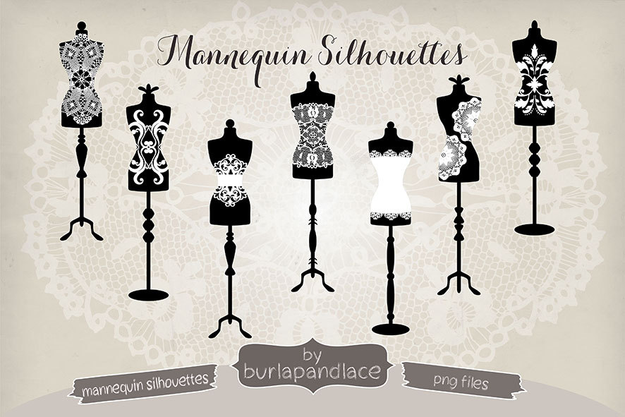 Vintage mannequin silhouettes clipart, dress form clipart, lace 