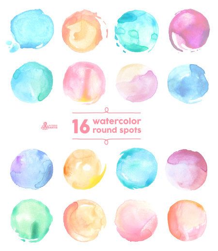Watercolor Round Spots Soft: 16 Digital clipart. Hand painted 