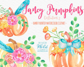 Watercolor Pumpkins. Fancy Fall Autumn by RiverWildWatercolor 