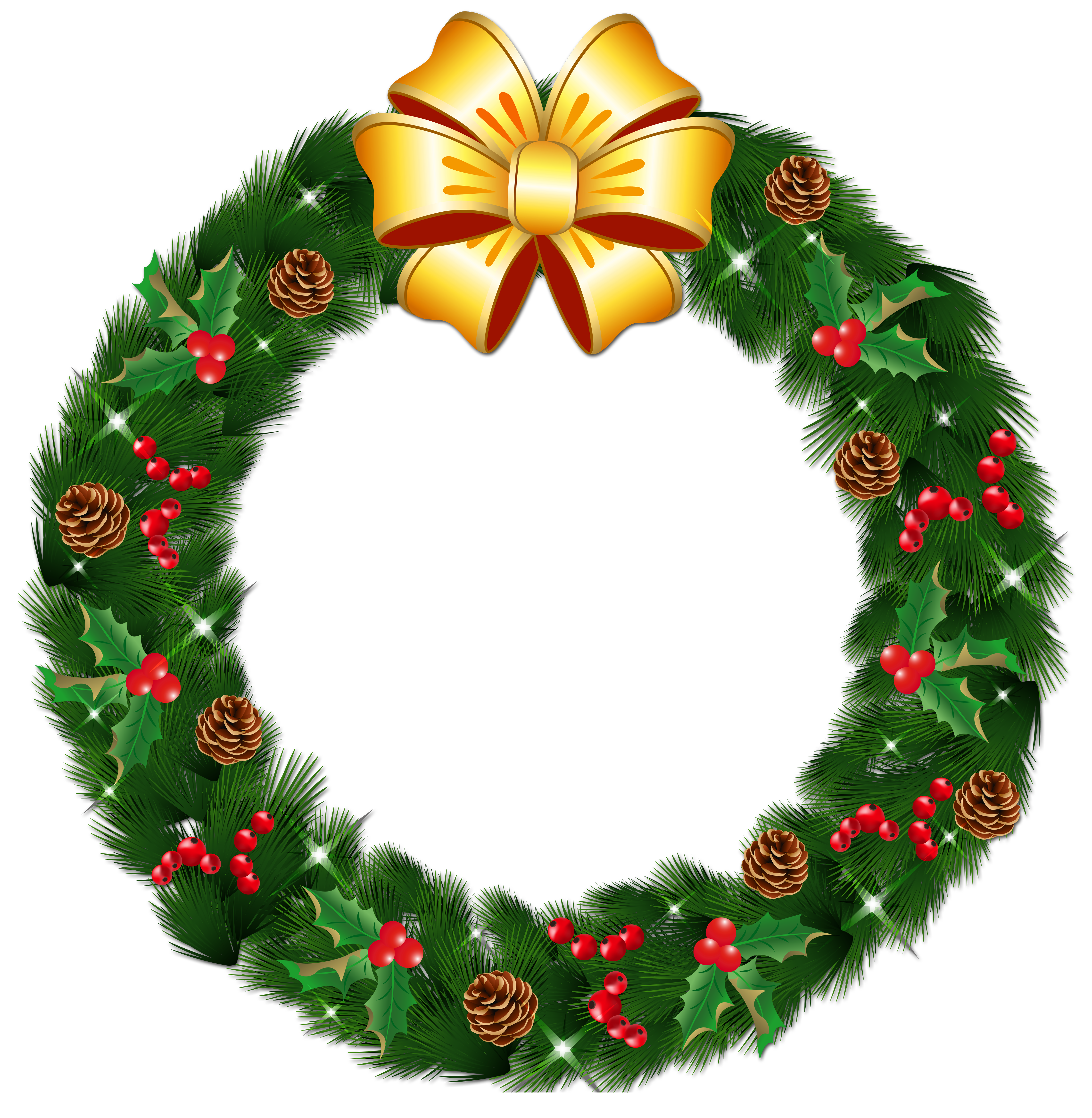 Transparent Christmas Pine Wreath with Gold Bow PNG Clipart 