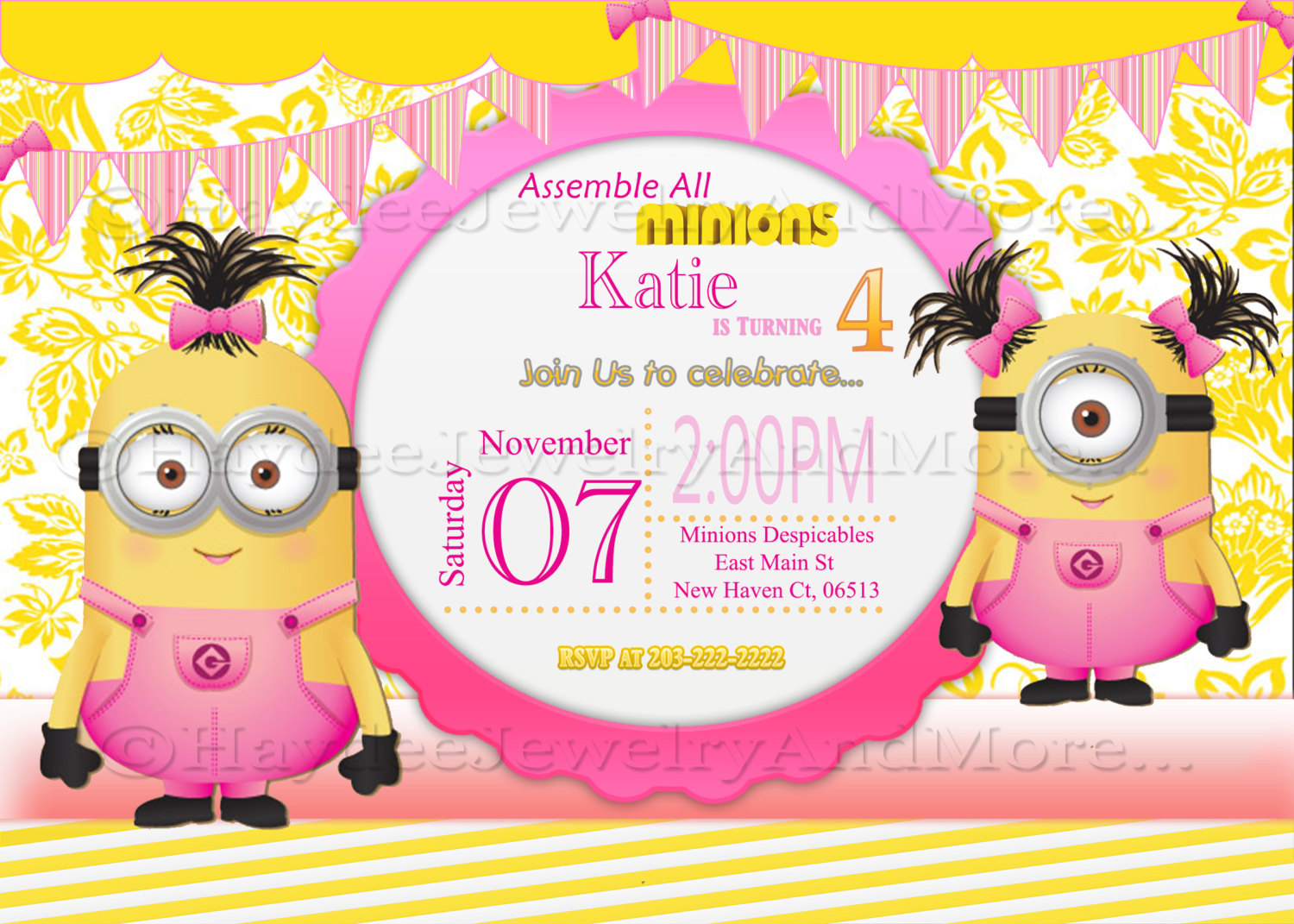 Minions Girls Birthday Card Invitation by HaydeeJewelryAndMore 