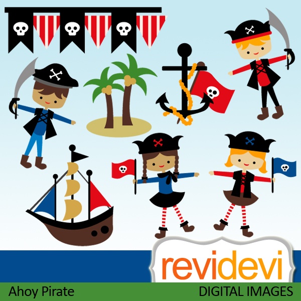 Pirate cliparts. Boys and girls, banner, anchor, and ship. These 