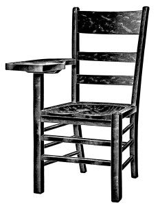 vintage school clipart, wooden tablet arm chair, black and white