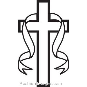 Clip Art Picture of a Black and White Cross with a Ribbon