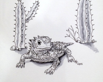 Original Horned Lizard Horny Toad Ink Drawing by AmandaSheltonArt