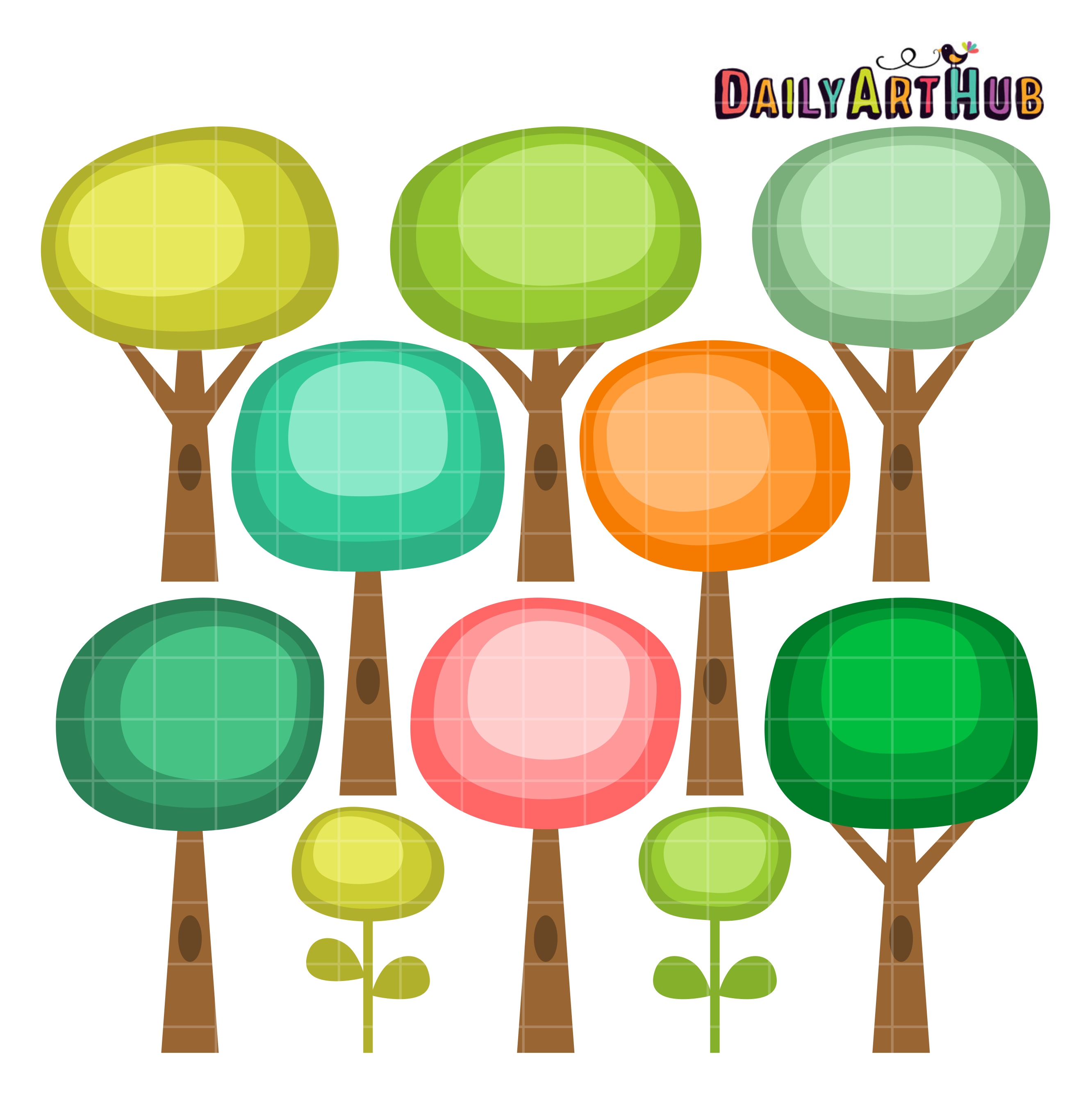 Round Cute Trees Clip Art Set