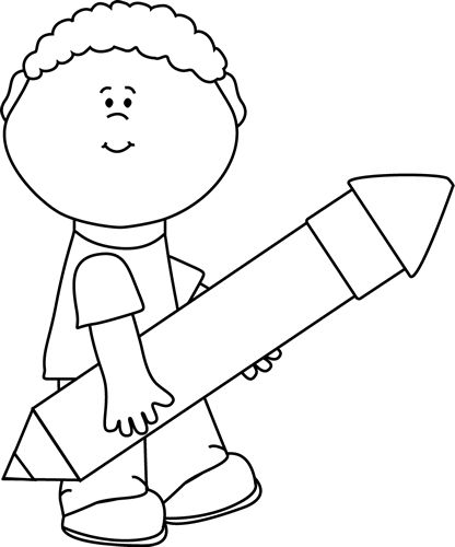 Black and White Boy Carrying a Big Pencil Clip Art