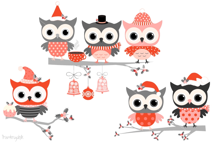 Red grey winter owls clipart, Cute Christmas owl characters clip