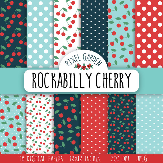 Rockabilly Cherry Digital Paper Pack Retro by PixelGardenDesign