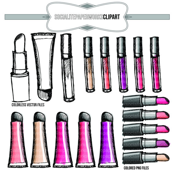 Items similar to Hand Drawn Lipstick and Lipgloss Clipart Set