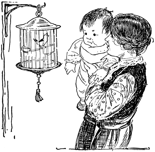 Mother Holding Child to Look at Bird in Cage