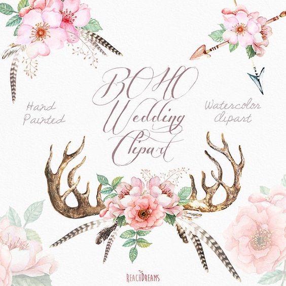 Watercolor Wedding Clip Art Antlers, Stag horns, Arrows, Feathers