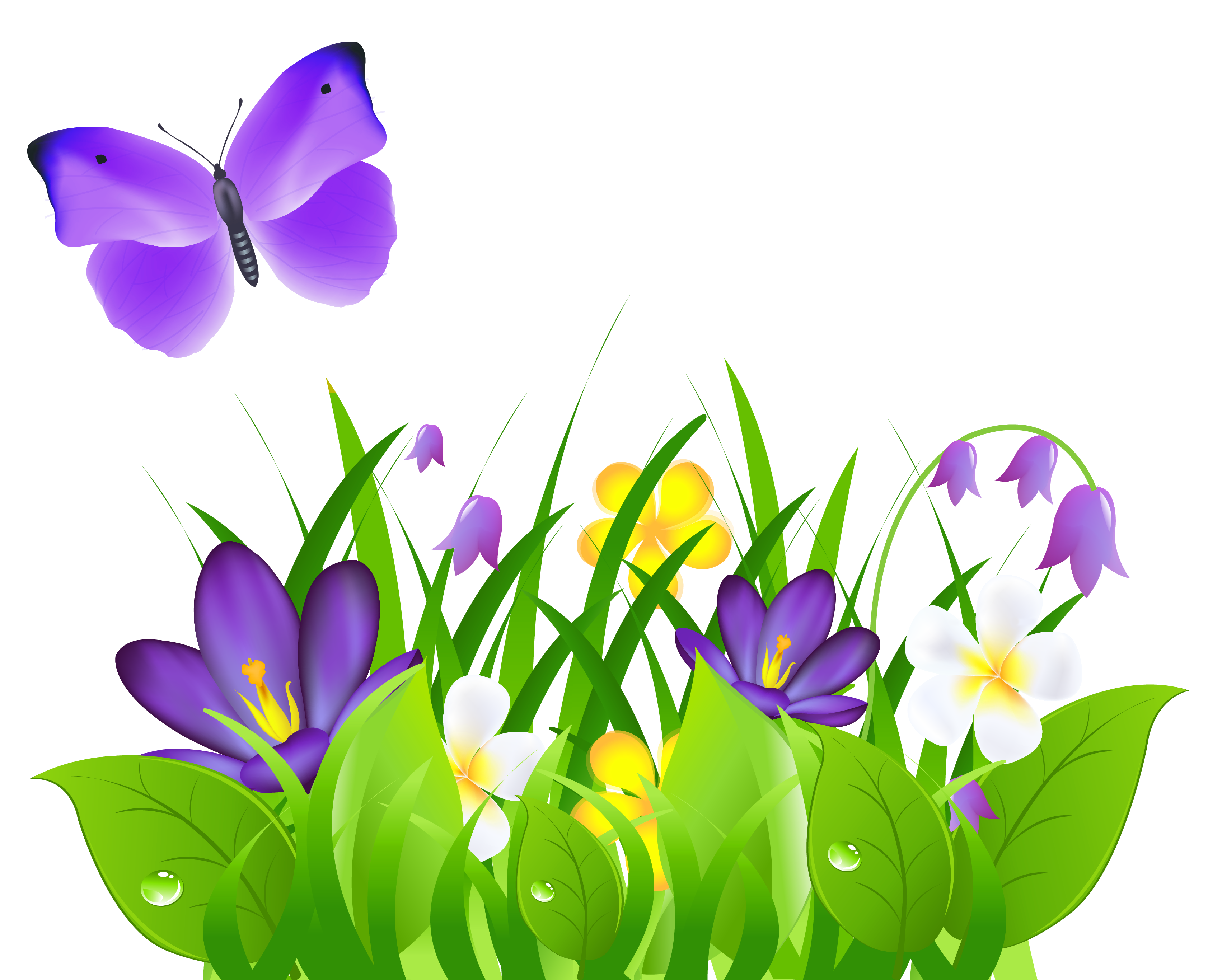 Purple Flowers Grass and Butterfly PNG Clipart Picture