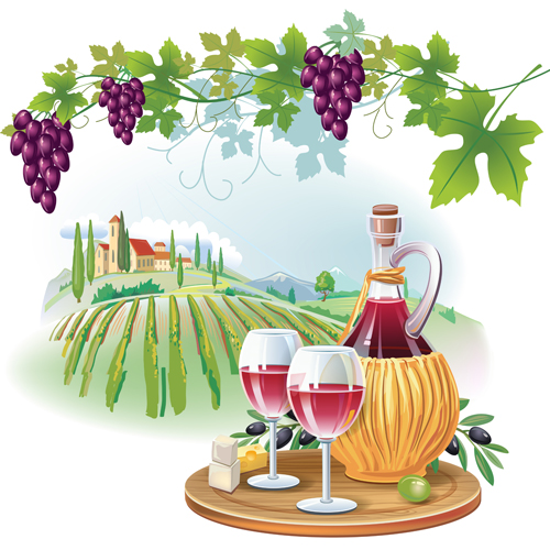 Wine cheese and grapes with farm vector 01