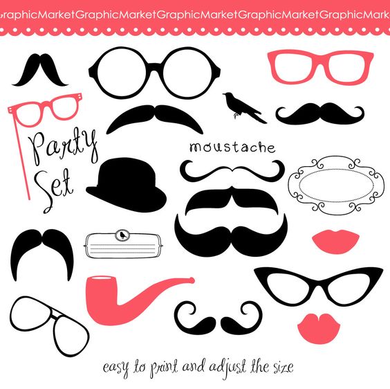 Mustache, Spectacles and Lips Kiss Digital Clipart Set. DIY Photo