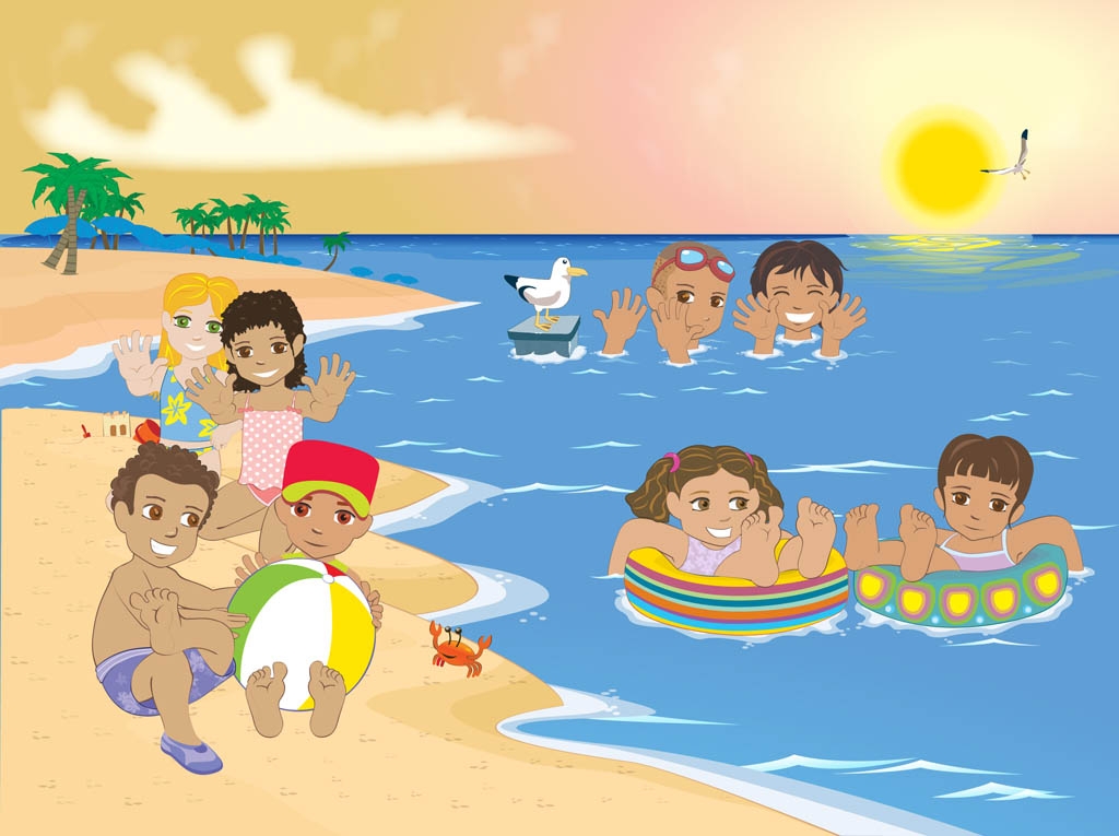 Children Swimming At The Beach Clipart