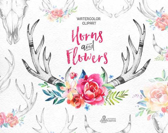 Horns  Flowers. 14 Watercolor clipart floral hand by OctopusArtis