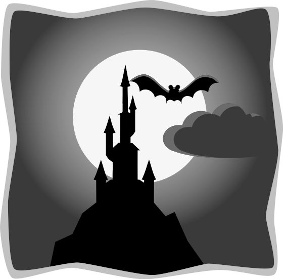 Clipart of a black and white picture of a cloudy Halloween night
