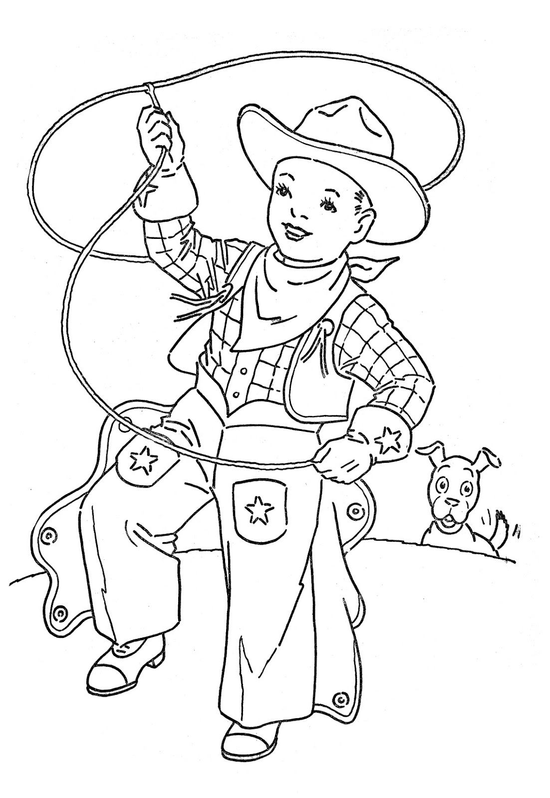 Cowboy Coloring Book Art, vintage clip art cute lil cowboy digi
