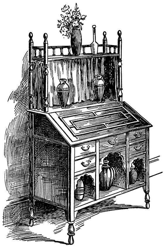 Victorian furniture illustration, black and white graphics