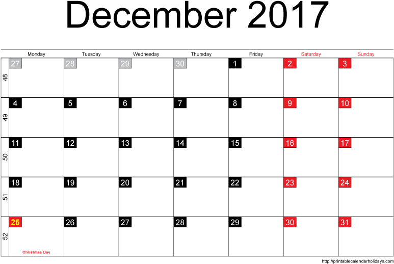 Printable December 2017 Calendar Transparent Background Days In