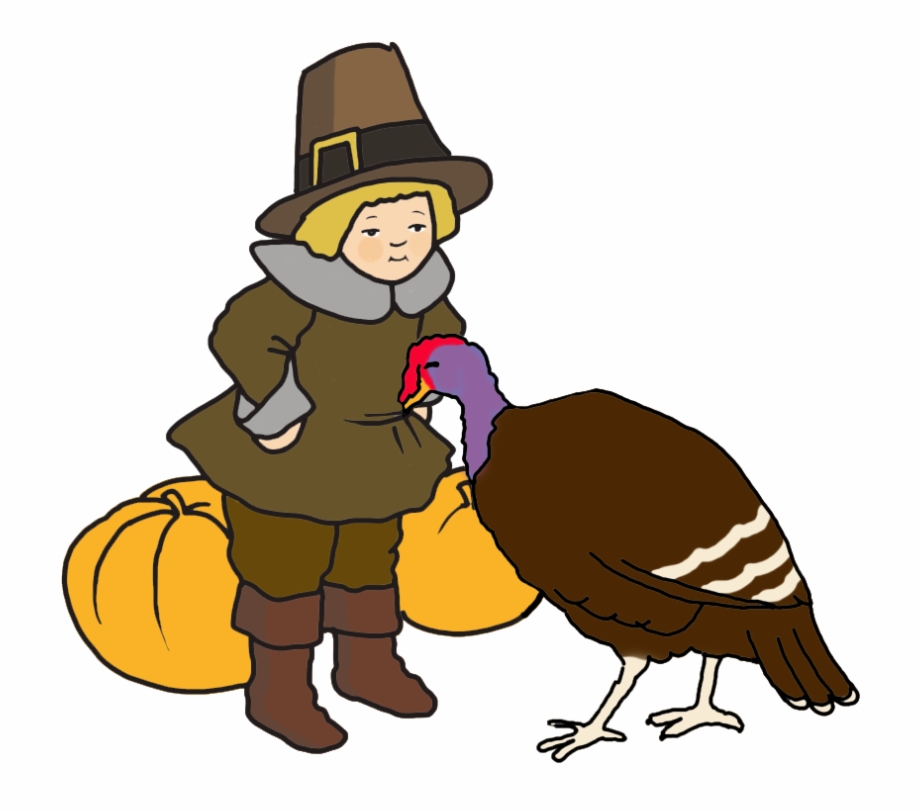 Pilgrim Boy With Turkey And Pumpkins Cartoon