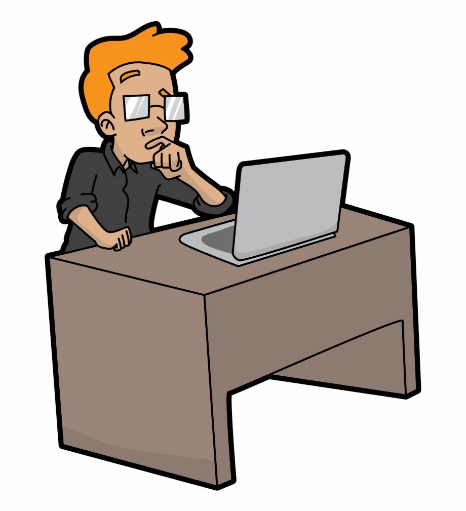 Cartoon Guy In Deep Thought Using A Computer