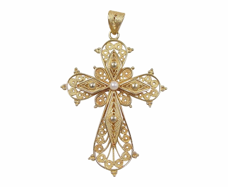 Vintage 18K Gold Filigree Cross Pendant With Cultured