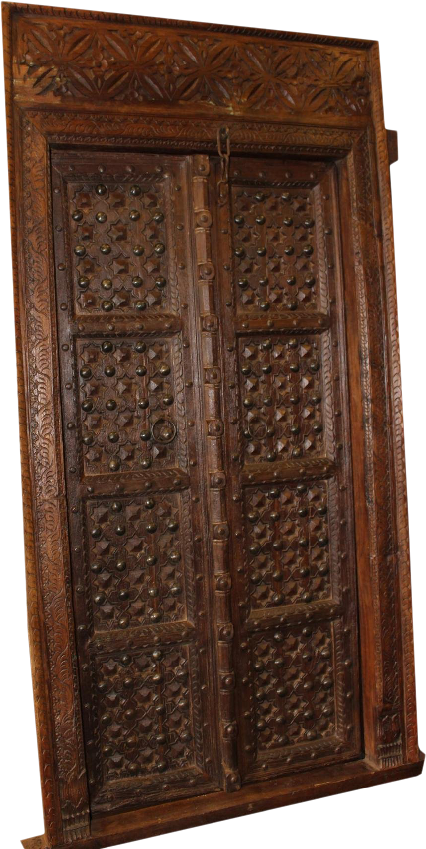 Antique Indian Carved Wooden Door With Metal Fittings
