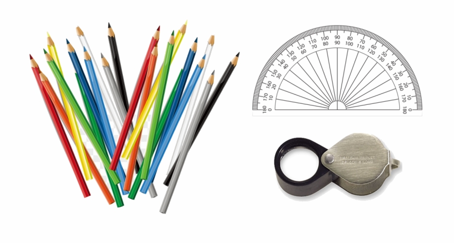 Colored Pencils Protractor Handlens Ruler And Protractor