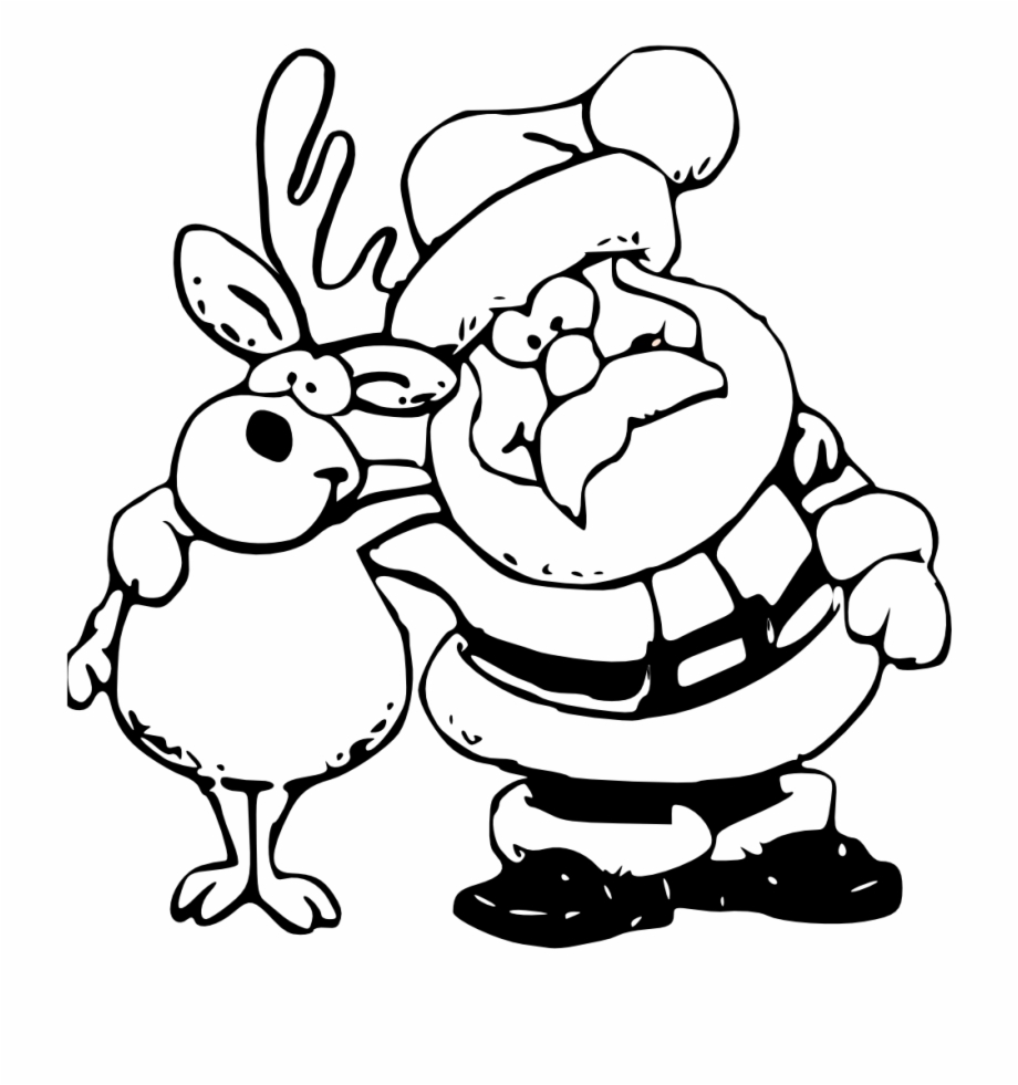 clip art black and white santa with reindeer
