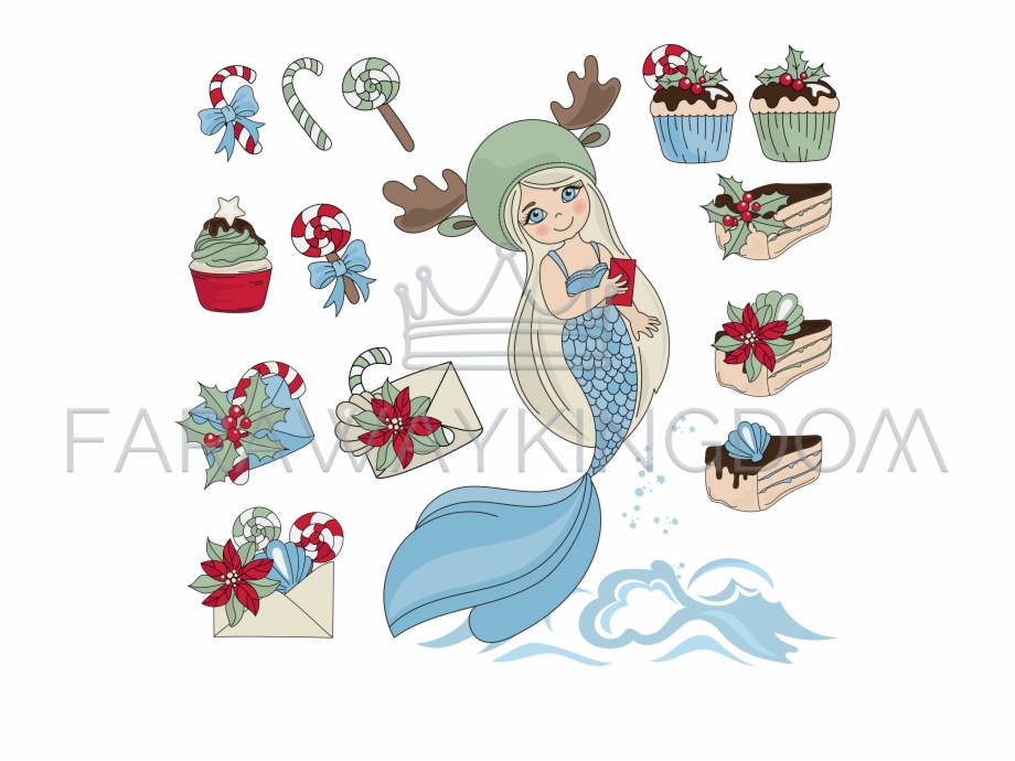 Mermaid Sweet Set Merry Christmas Vector Illustration Cartoon