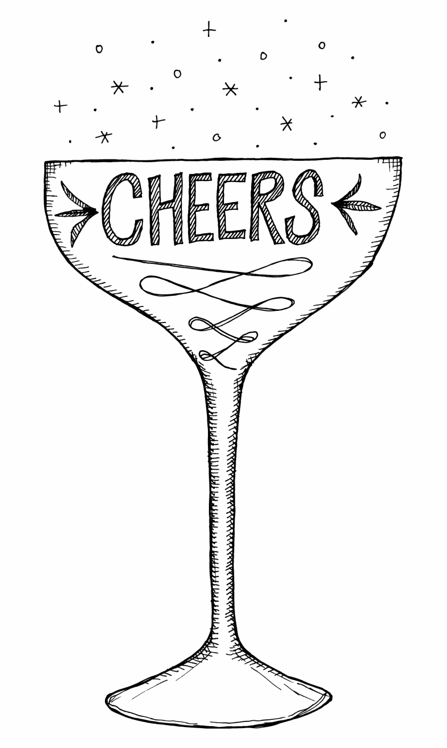 Hand Drawn Doodle Style Champagne Glass With Cheers