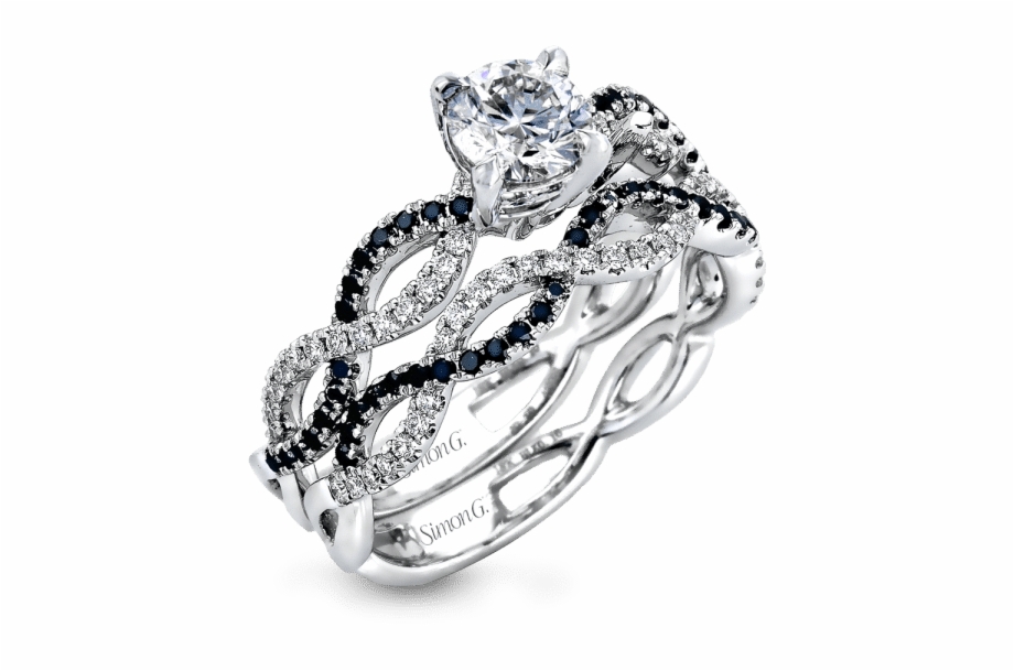 Black Diamond Ribbon Engagement Ring With Wedding Band