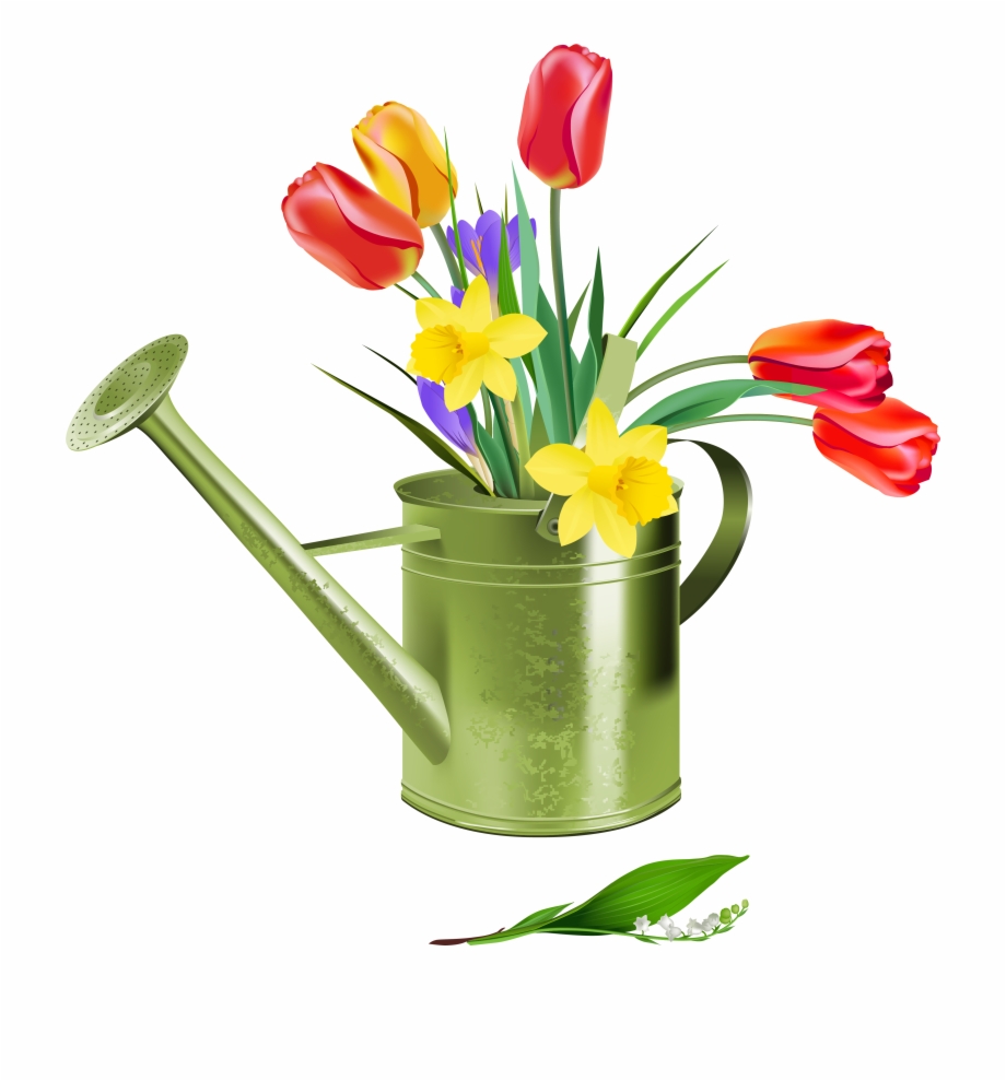 Green Watering Can With Spring Flowers Png Clipart