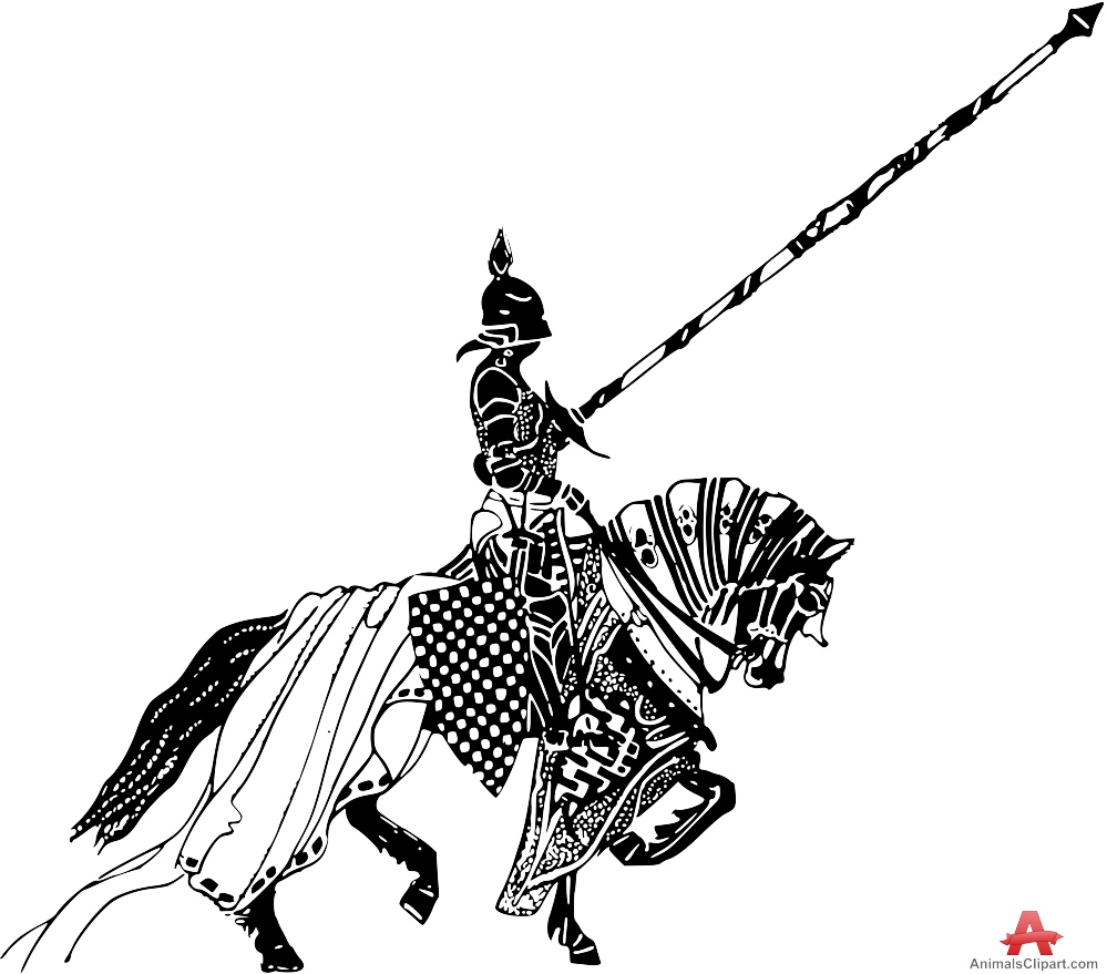 black and white cartoon knight on horse