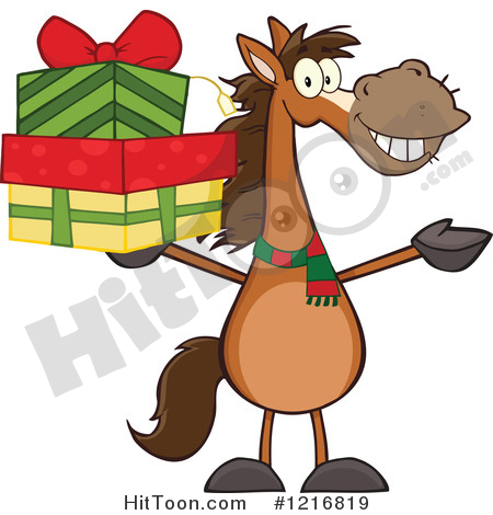 Horse Clipart : Happy Brown Horse Holding up a Stack