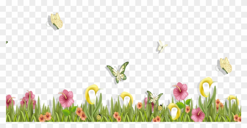 Grass With Butterflies And Flowers Png Clipart Spring - Flowers 