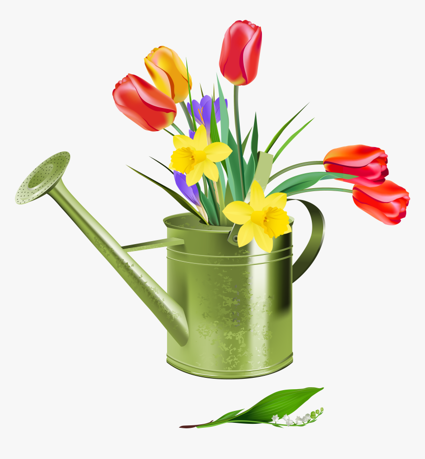 Green Watering Can With Spring Flowers Png Clipart - Free Clip Art 