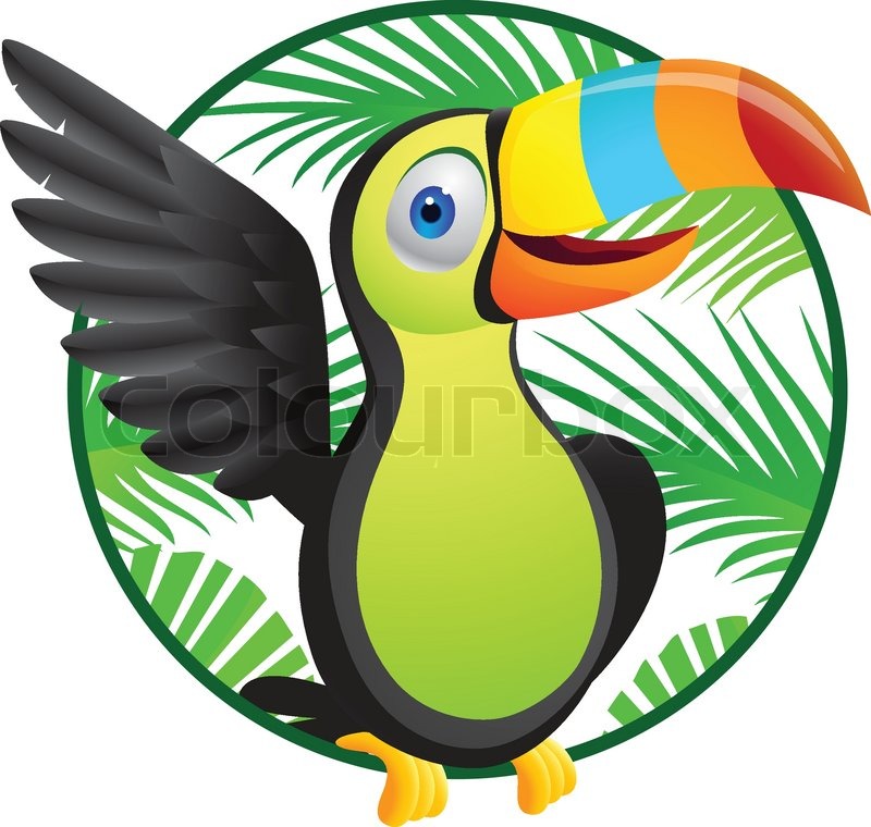 Cartoon toucan toucan parrot in flight against a blue background 