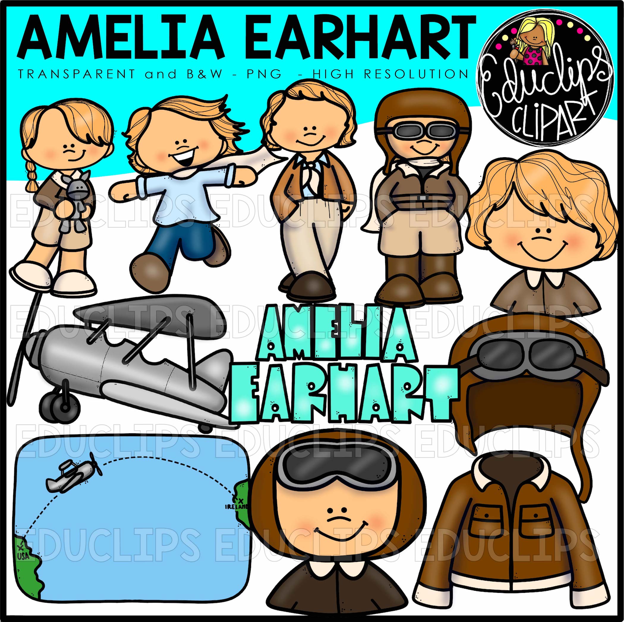 Amelia Earhart Clip Art Bundle BW)