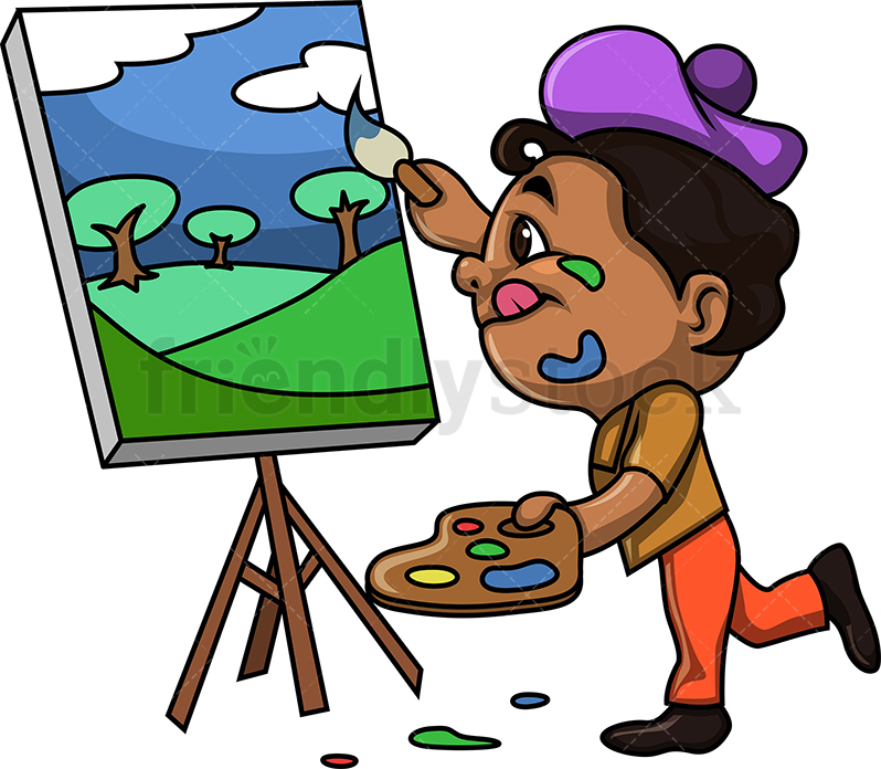 Black Kid Painting A Landscape Cartoon Clipart Vector 