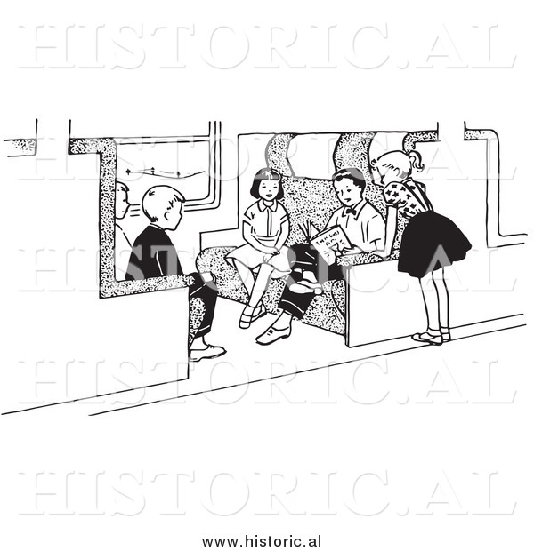 Clipart of Kids Reading on a Train - Black and White Drawing by 