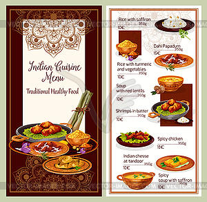 Indian cuisine restaurant menu template design - vector clipart