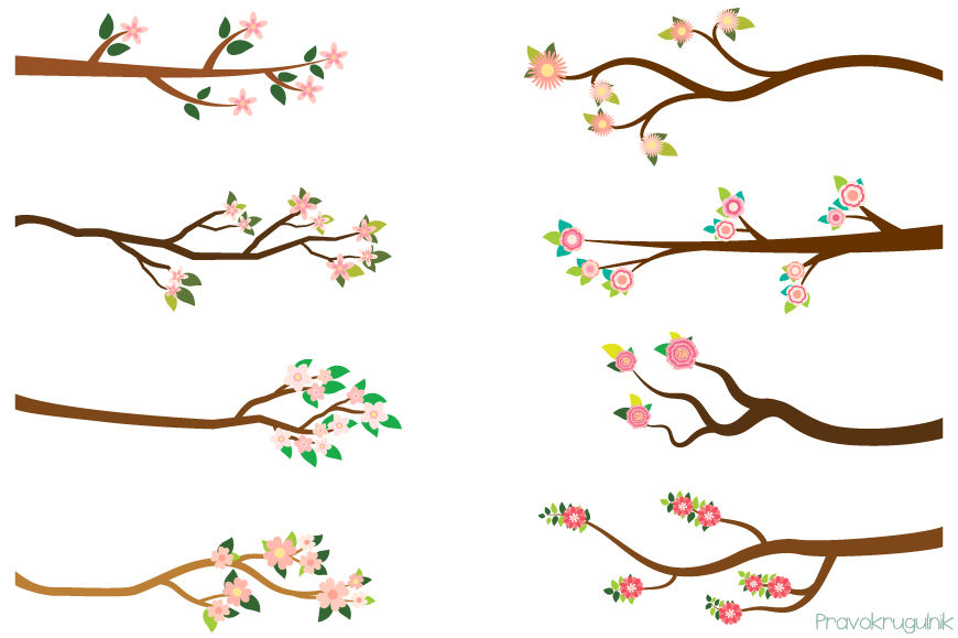 Pink flower branches clipart, Spring summer tree branch clip art 