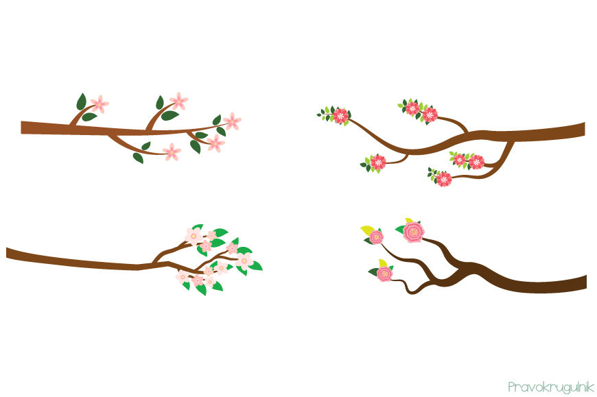 Pink flower branches clipart, Spring summer tree branch clip art 