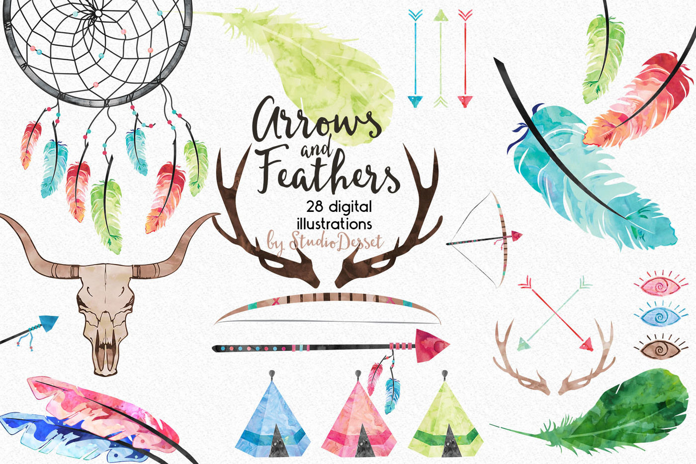 Arrows and Feathers - Watercolor Cliparts By StudioDesset 