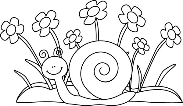 Black and White Snail and Flowers Clip Art