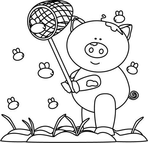 Black and White Pig Catching Flies in the Mud Clip Art