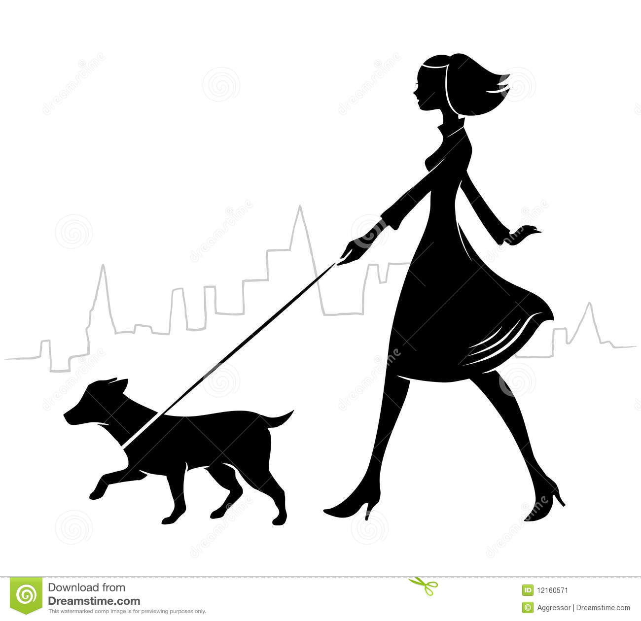 Woman dog walking clipart 